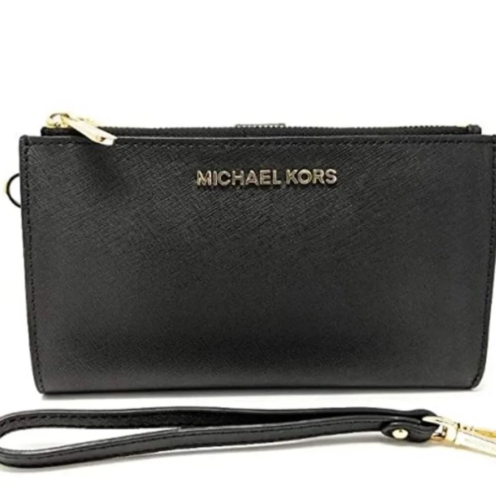 Michael Kors Jet Set Travel Double Zip Wristlet Black Saffiano Wallet Leather